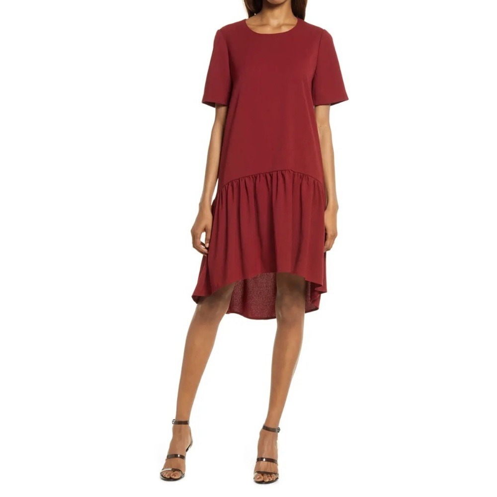 Charles Henry Deep Wine Red High Low Knit Dress Short Sleeves Size Large